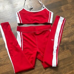 ALO Yoga Red Leggings with White Side Stripes